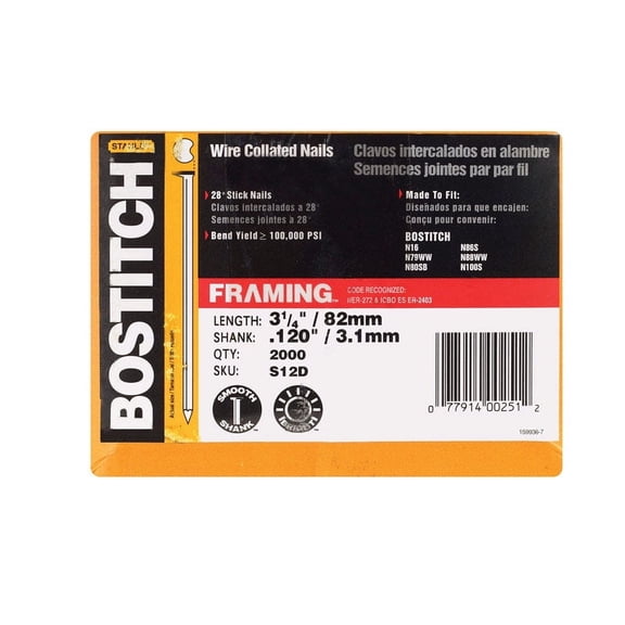 Bostitch S12D-FH 3-1/4" Smooth Shank 28° Stick Framing Nails 2,000 Count