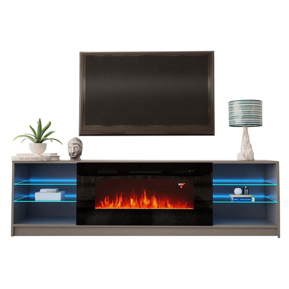 Boston 01 Fireplace TV Stand for TVs up to 90", Modern High Gloss 79" Entertainment Center, Electric Fireplace TV Media Console with Storage Cabinets and LED Lights
