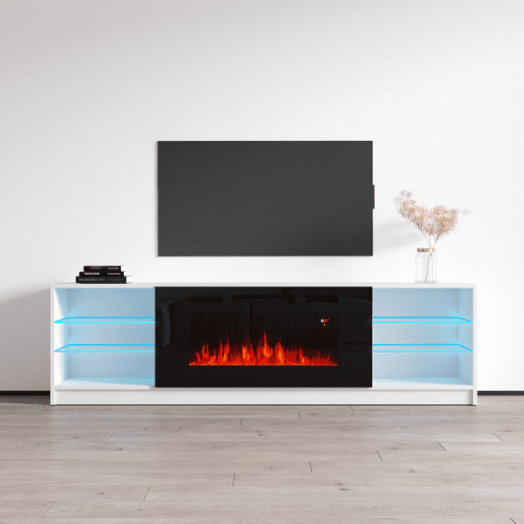 Boston 01 Fireplace TV Stand for TVs up to 90", Modern High Gloss 79" Entertainment Center, Electric Fireplace TV Media Console with Storage Cabinets and LED Lights