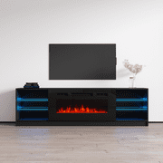 Boston 01 Fireplace TV Stand for TVs up to 90, Modern High Gloss 79 Entertainment Center, Electric Fireplace TV Media Console with Storage Cabinets and LED Lights