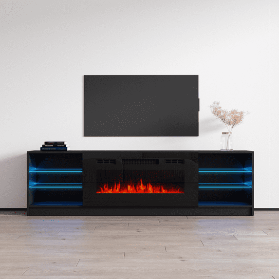 Boston 01 Fireplace TV Stand for TVs up to 90", Modern High Gloss 79" Entertainment Center, Electric Fireplace TV Media Console with Storage Cabinets and LED Lights