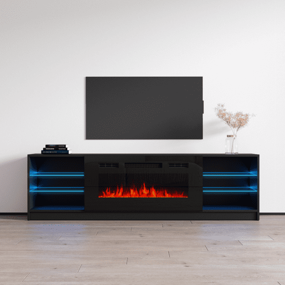 Boston 01 Fireplace TV Stand for TVs up to 90", Modern High Gloss 79" Entertainment Center, Electric Fireplace TV Media Console with Storage Cabinets and LED Lights
