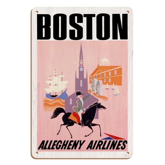 Boston - Allegheny Airlines - Mayflower Ship and Faneuil Hall - Vintage Airline Travel Poster c.1950s - 8 x 12 inch Vintage Wood Art Sign