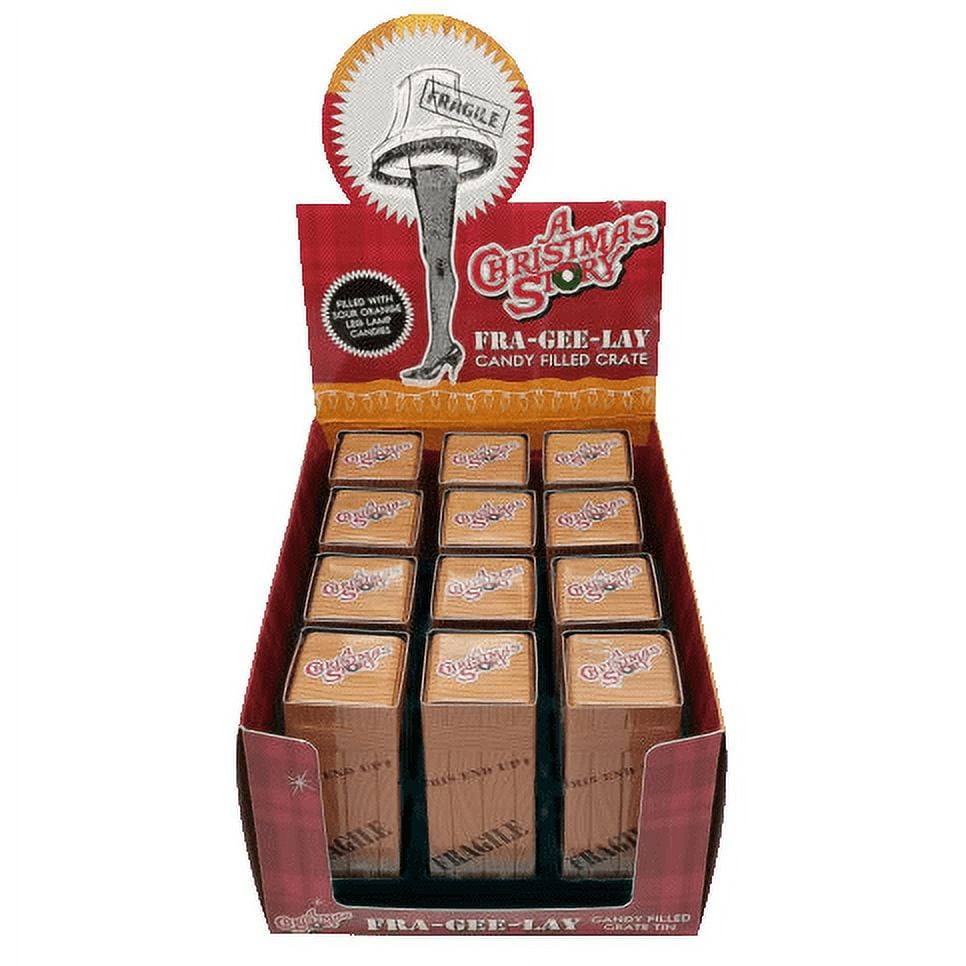 Boston America A Christmas Story FRA-GEE-LAY Wood Crate, Orange Sour Candy, Collectible Slider Tin Shaped filled with Leg Lamp Shaped Candies, 1.5 Ounce Tin
