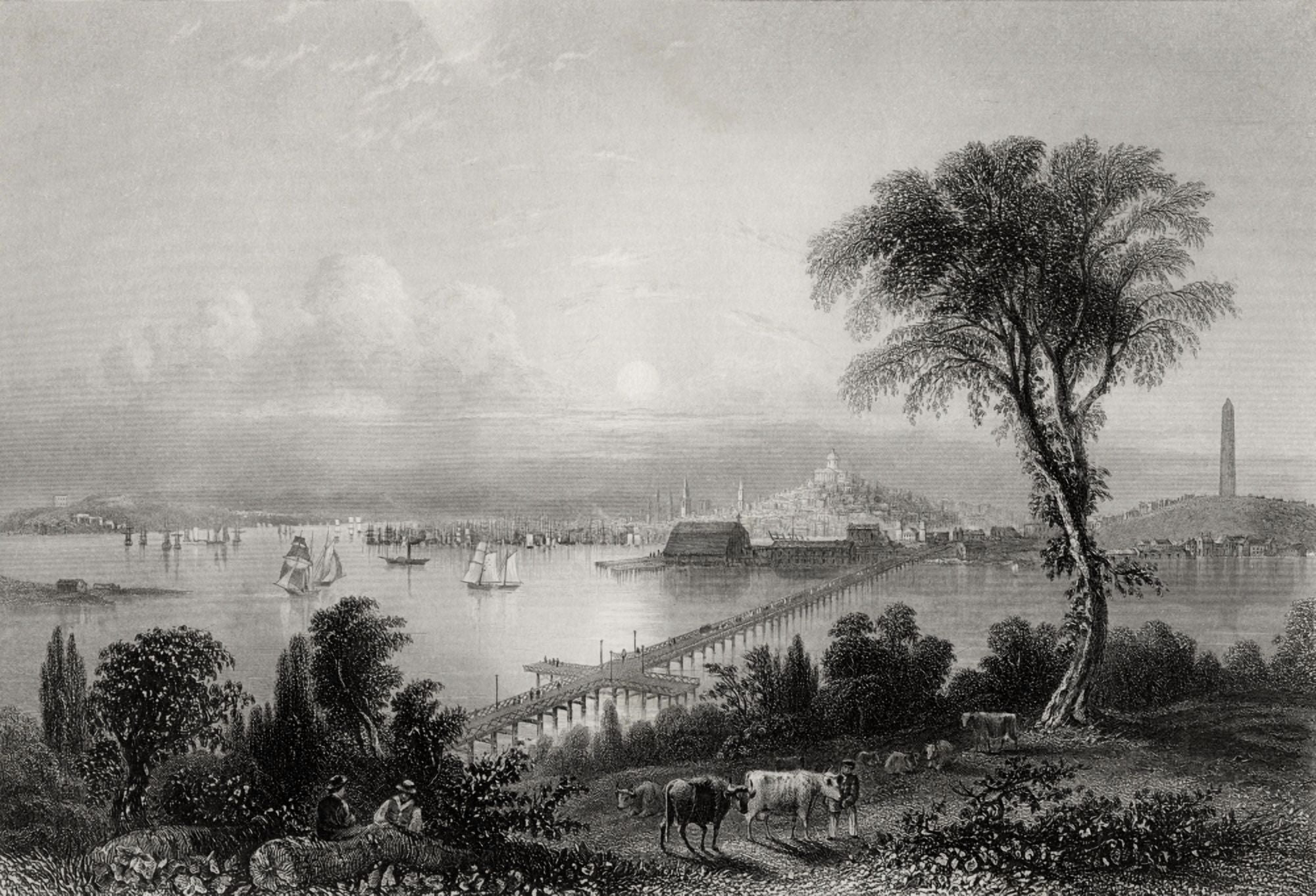 Boston And Bunker Hill Massachusetts Usa In The 19Th Century Engraved By C Cousen After W H Bartlett Canvas Art - Ken Welsh  Design Pics (34 x 24)