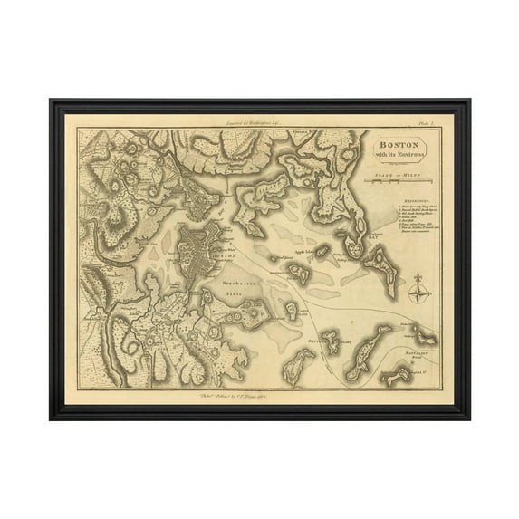 Boston Art, 1807 Vintage Map of Boston Massachusetts, MA History Wall Decor Gift, Old Boston Map - 36" x 24" Black Framed Print