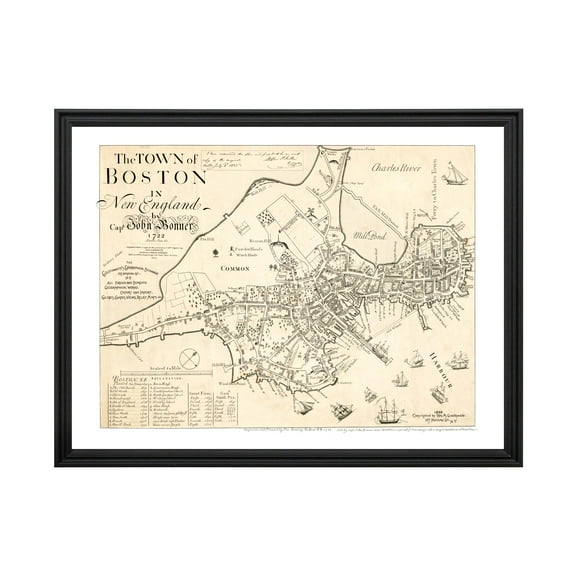 Boston Art, 1835 Vintage Map of Boston Massachusetts, MA History Wall Decor Gift, Old Boston Map - 24" x 18" Black Framed Print