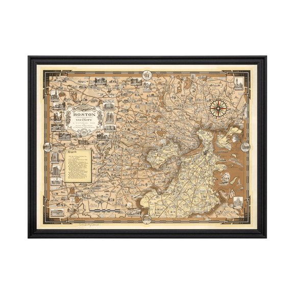 Boston Art, 1938 Vintage Map of Boston Massachusetts, MA History Wall Decor Gift, Old Boston Map - 24" x 18" Black Framed Print