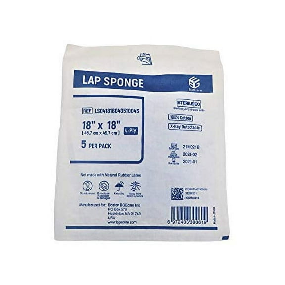 Boston BGEcare Sterile Lap Sponge X-Ray Detectable 18"X18", 4-Ply, 5's-40, Pack of 200pcs (1 Case)