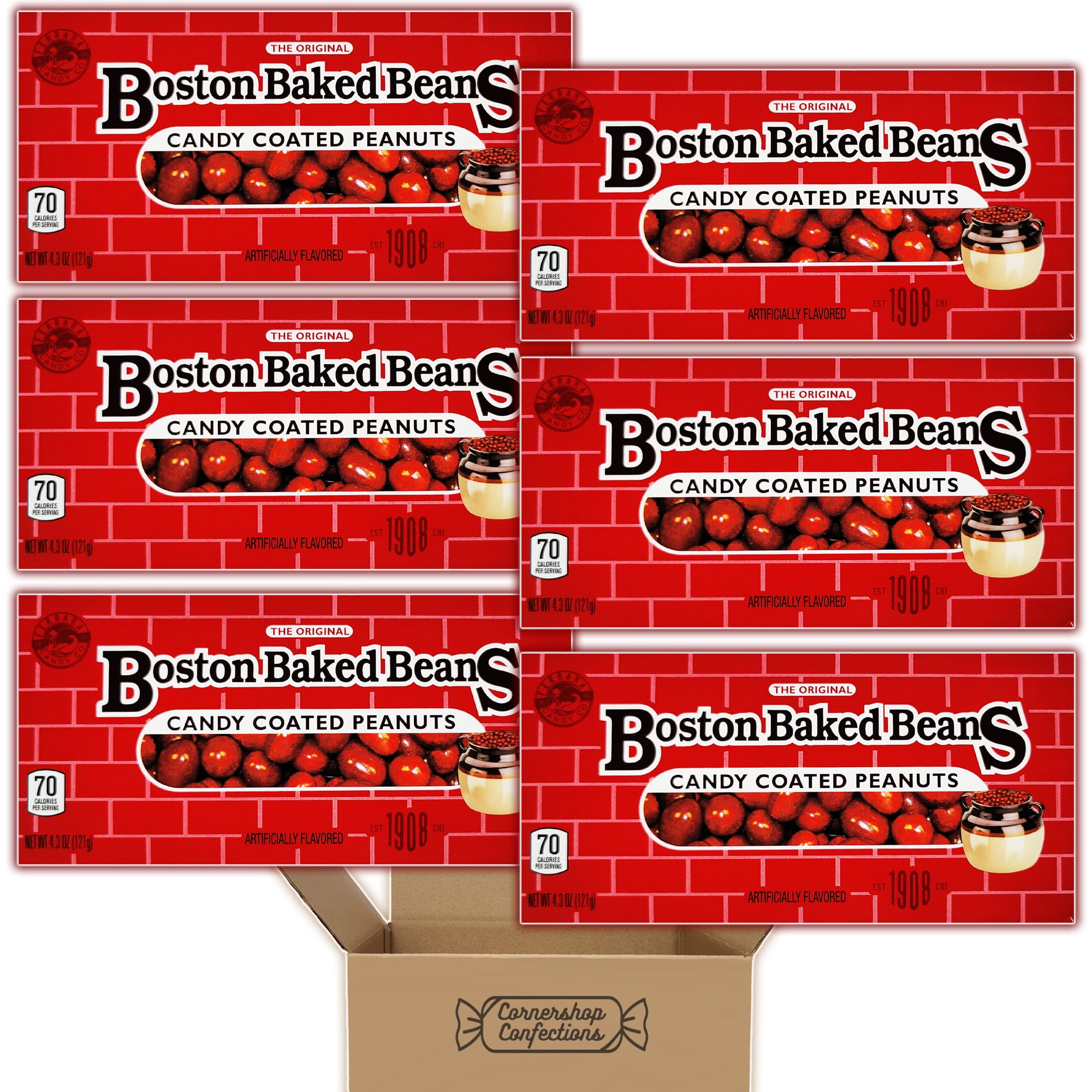 Boston Baked Beans Movie Theater Box Candy Bundle Pack - 6 Individually Sealed 4.3 Ounce Boxes - Candy Coated Peanuts - For On The Go Snacks, Lunches, Movie Nights in Cornershop Confections Pack