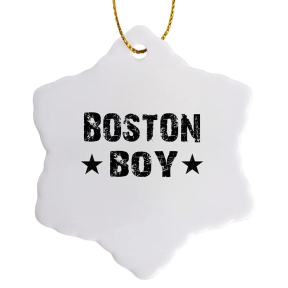 3drose, Boston Boy - Home Town City Pride - Usa United States of America - Black and White Text and Stars, 3 inch Snowflake Porcelain Ornament