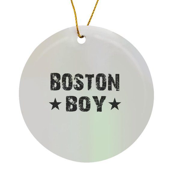 3drose, Boston Boy - Home Town City Pride - Usa United States of America - Black and White Text and Stars, Circle Porcelain Ornament