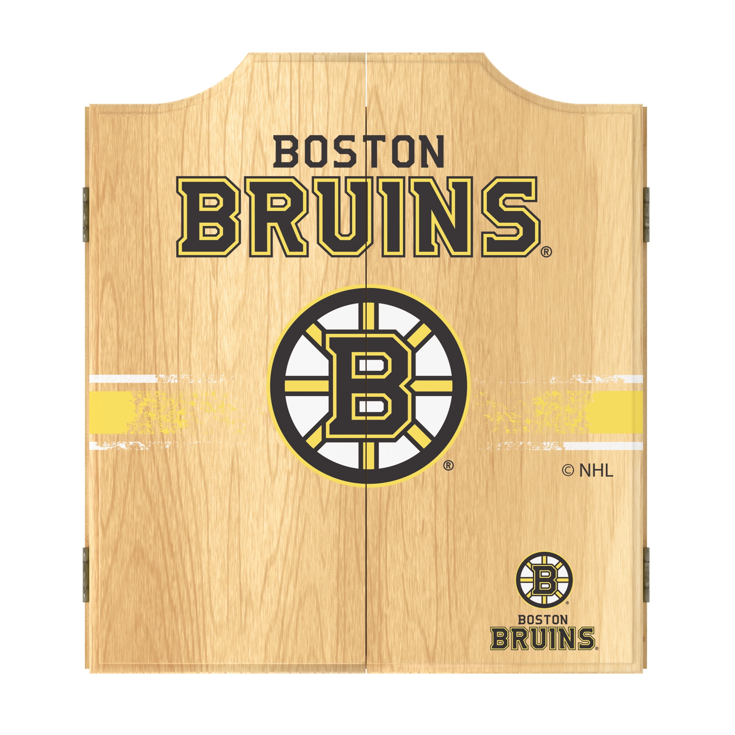 Boston Bruins Logo Dart Board Cabinet Set with 6 Steel Tip Darts