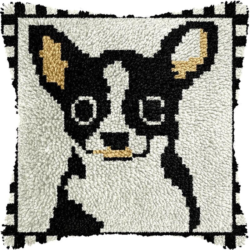 Boston Bulldog Latch Hook Pillow Kits Cushion Pillowcase with Pattern Printed Canvas Sofa Hooking Pillows Crafts Embroidery Latch Hooking Crochet Kits 17x17 inch(195)