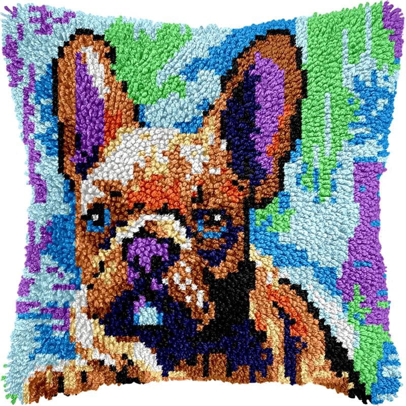 Boston Bulldog Latch Hook Pillow Kits Cushion Pillowcase with Pattern Printed Canvas Sofa Hooking Pillows Crafts Embroidery Latch Hooking Crochet Kits 17x17 inch(203)