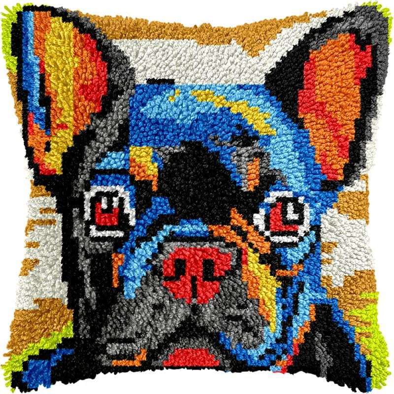 Boston Bulldog Latch Hook Pillow Kits Cushion Pillowcase with Pattern Printed Canvas Sofa Hooking Pillows Crafts Embroidery Latch Hooking Crochet Kits 17x17 inch(93)