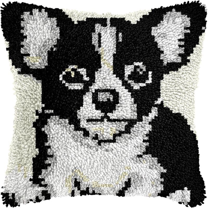 Boston Bulldog Latch Hook Pillow Kits Cushion Pillowcase with Pattern Printed Canvas Sofa Hooking Pillows Crafts Embroidery Latch Hooking Crochet Kits 17x17 inch(185)