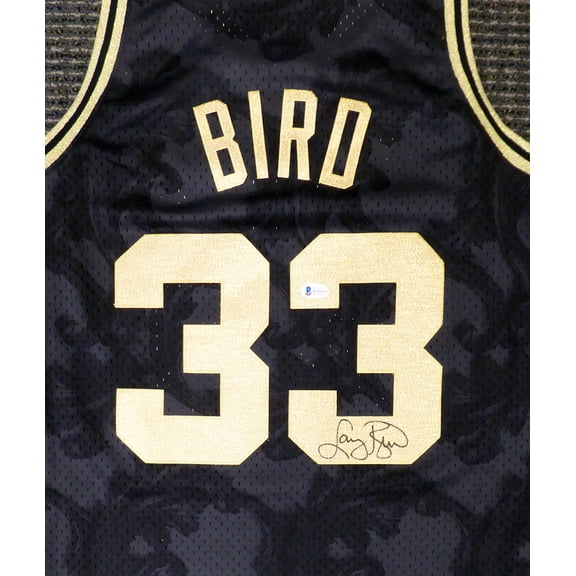 Boston Celtics Larry Bird Autographed Black Mitchell & Ness Gold Toile Swingman Jersey Size L Beckett BAS 177715