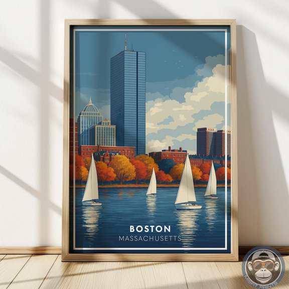 Boston Charles River Fall Skyline Wall Art Print Massachusetts Travel Decor, Unframed Poster