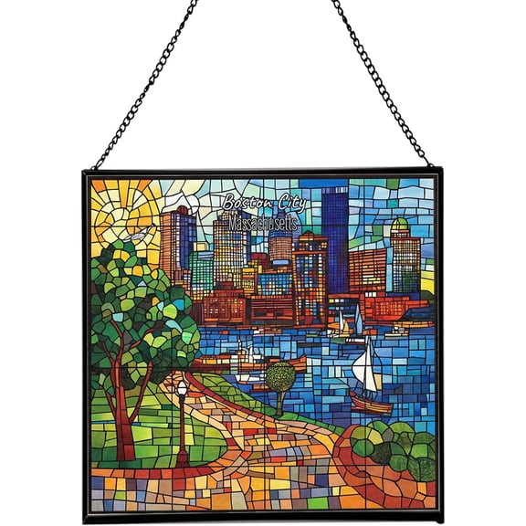 Boston City-Massachusetts Landmark Stained Glass Suncatcher, Square Window Hanging, Tiffany Style Home Decor, size 8in