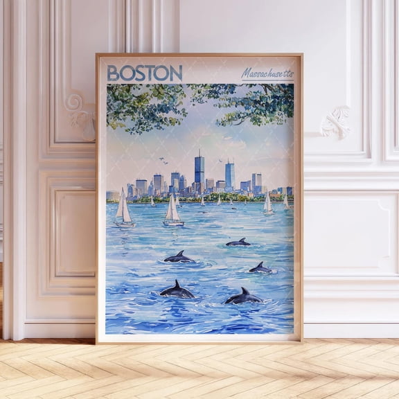 Boston City Skyline Pastel Travel Poster, Unframed Size 24x36