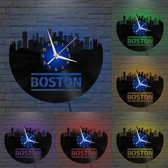 Boston Cityscape 12 Inch Vinyl Record Wall Clock - Silent, Creative, and Unique Clock for Living Room, Entryway, or Bedroom Decor - Perfect Gift Idea(12 inchs B with LED)