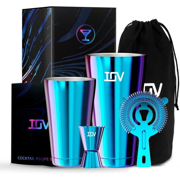 Boston Cocktail Shaker Bar Set, Bartender Kit Drink Mixer Set with 18 oz & 28 oz Boston Shakers, Hawthorne Strainer, Double Jigger, Bar Tool Kit and Recipe Booklet - Rainbow