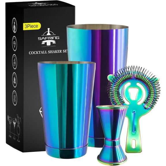 Boston Cocktail Shaker Bar Set, Weighted Boston Shaker Tins, Bartender Kit with 18oz & 28oz Mixed Drink Shaker, Hawthorne Strainer, Double Measuring Jigger - Rainbow
