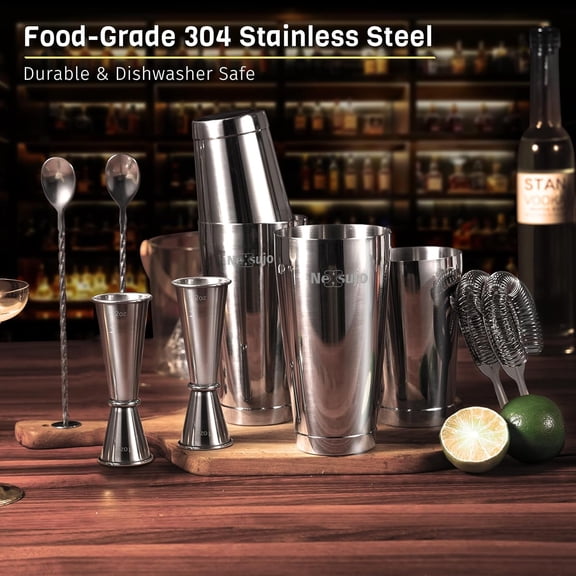 Boston Cocktail Shaker Set, 8-Piece Bar Tools Set, Professional Bar Set with Boston Shaker, Bar Spoon, Jigger, Hawthorne Strainer, Stainless Steel, Dishwasher Safe, Ideal Bartender Kit for Bar