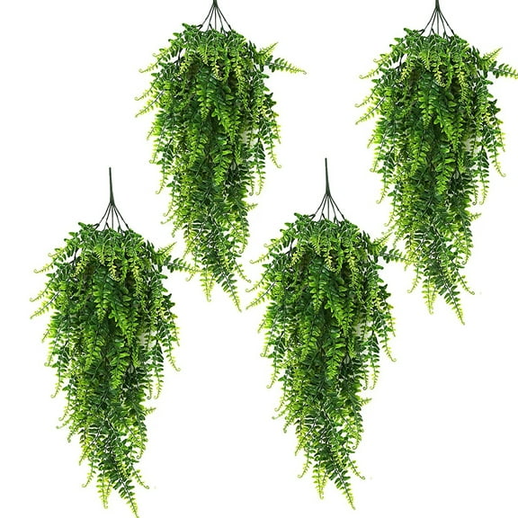Boston Ferns Artificial Persian Rattan Fake Hanging Plant Faux Greenary Vine Outdoor UV Resistant Plastic Plants for Wall, Wedding Party Decor-4PCS