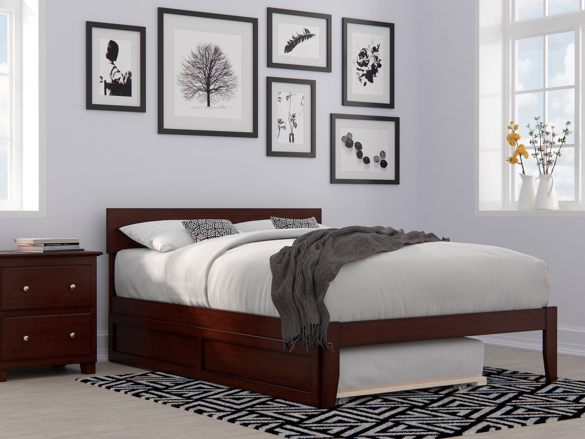 Walnut Full Platform Bed with Trundle and Drawers