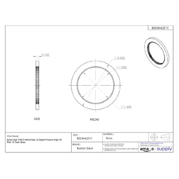 Boston Gear YI4872 Internal Gear, 20 Degree Pressure Angle, 48 Pitch, 72 Teeth, Brass