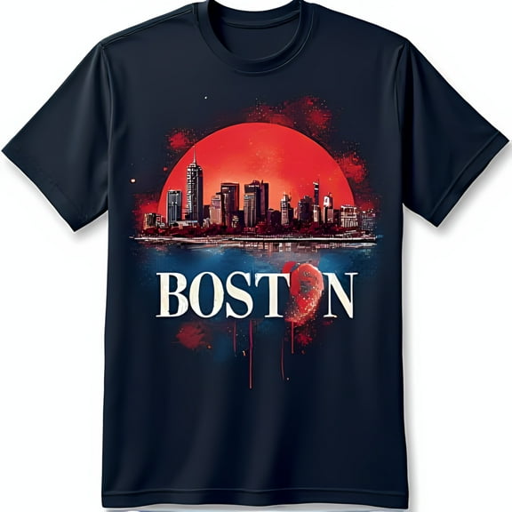 Boston Graphic T-Shirt Blue with Red Sun & White 'BOSTON' Text