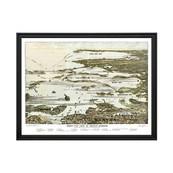 Boston Harbor Art, 1920 Vintage Map of Boston Harbor Massachusetts, MA History Wall Decor Gift, Old Boston Harbor Map - 24" x 18" Black Framed Print