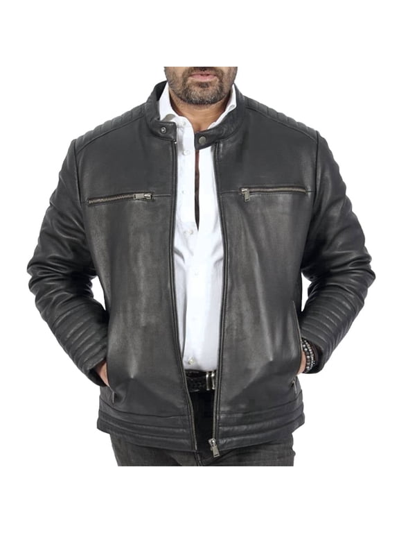 Dave Casual Classic Mens Real Leather Jacket - Black Bomber Biker Leather Jacket Mens