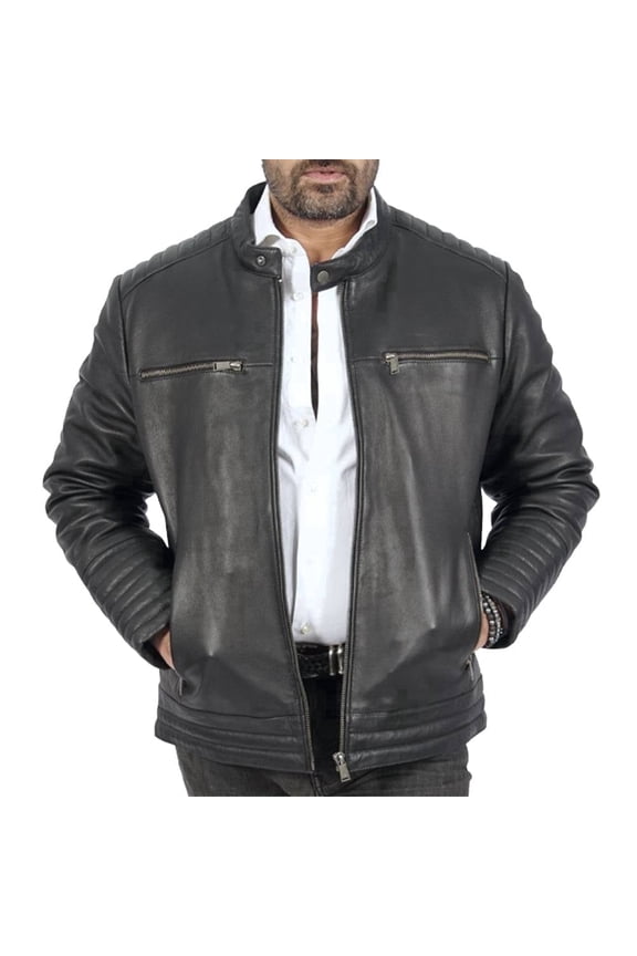 Dave Casual Classic Mens Real Leather Jacket - Black Bomber Biker Leather Jacket Mens