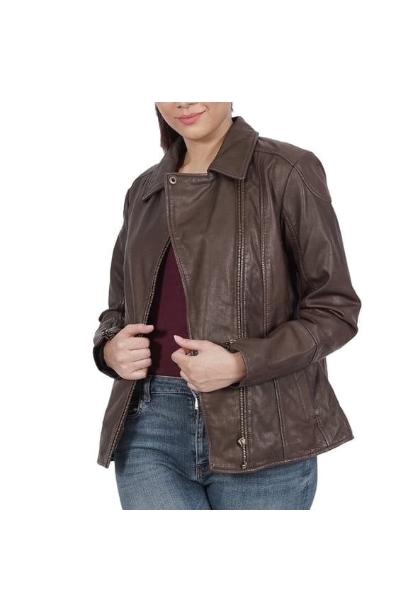 Kiara Biker Womens Leather Jacket - Zipper Brown Ladies Leather Jacket