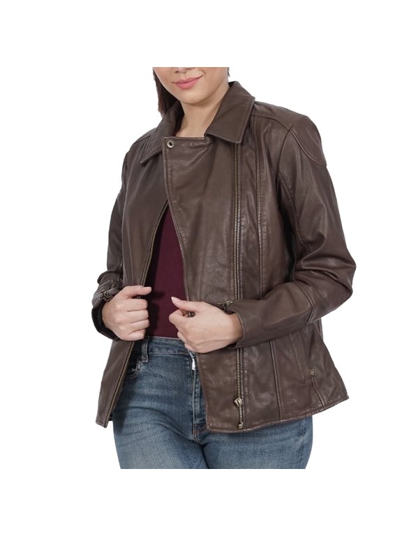 Kiara Biker Womens Leather Jacket - Zipper Brown Ladies Leather Jacket