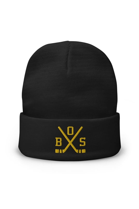 Boston Hockey Sticks Retro BOS Winter Beanie Cap Hat (Black)