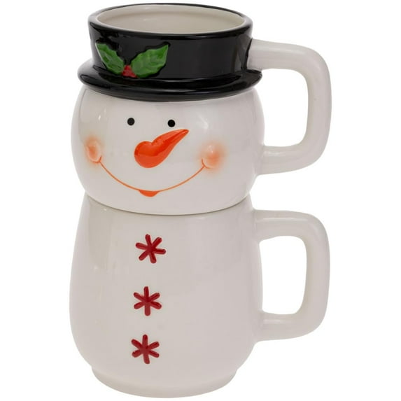 Boston International Coffee Mug Ceramic Tea Cup, 14 Ounces, Festive Snowman Stack Duo