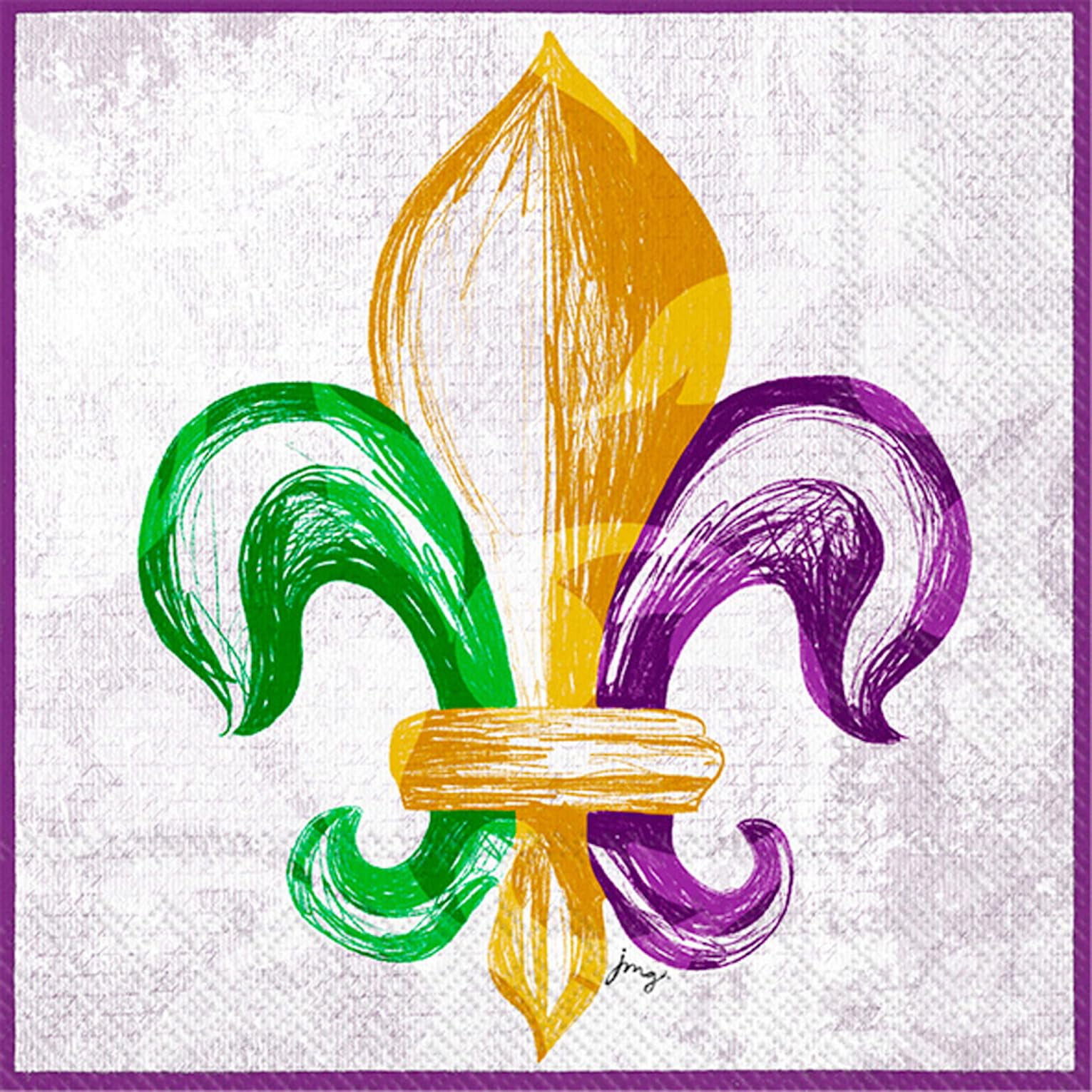 Boston International - 3-Ply 5" Cocktail Napkins 20 Count - Mardi Gras Fleur De Lis