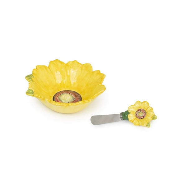 Boston International Ceramic Bowl and Stainless Steel Spreader, 4.75 x 2.75-Inches, Colourful Sunflowers