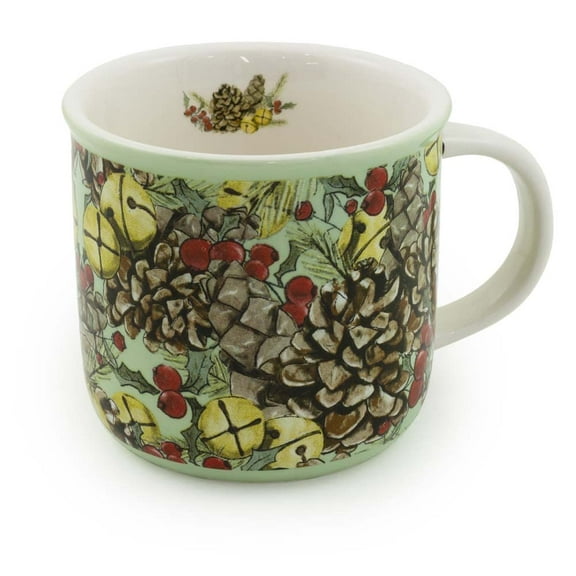 Boston International Holiday Ceramic Coffee/Tea Mug, 12-Ounces, Pinecones & Bells Allover
