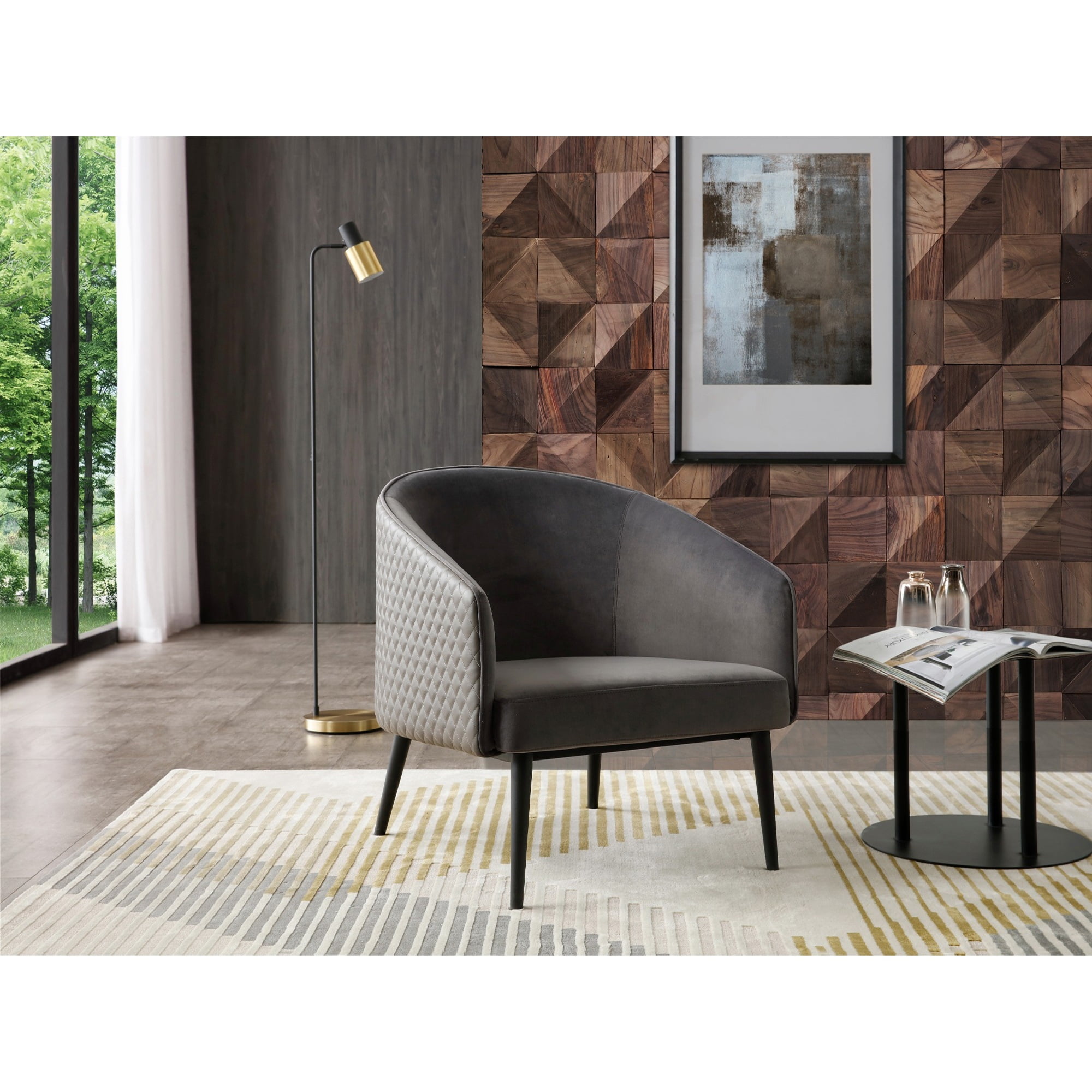 Grey Velvet and Dark Grey PU Leisure Chair with Black Steel Base
