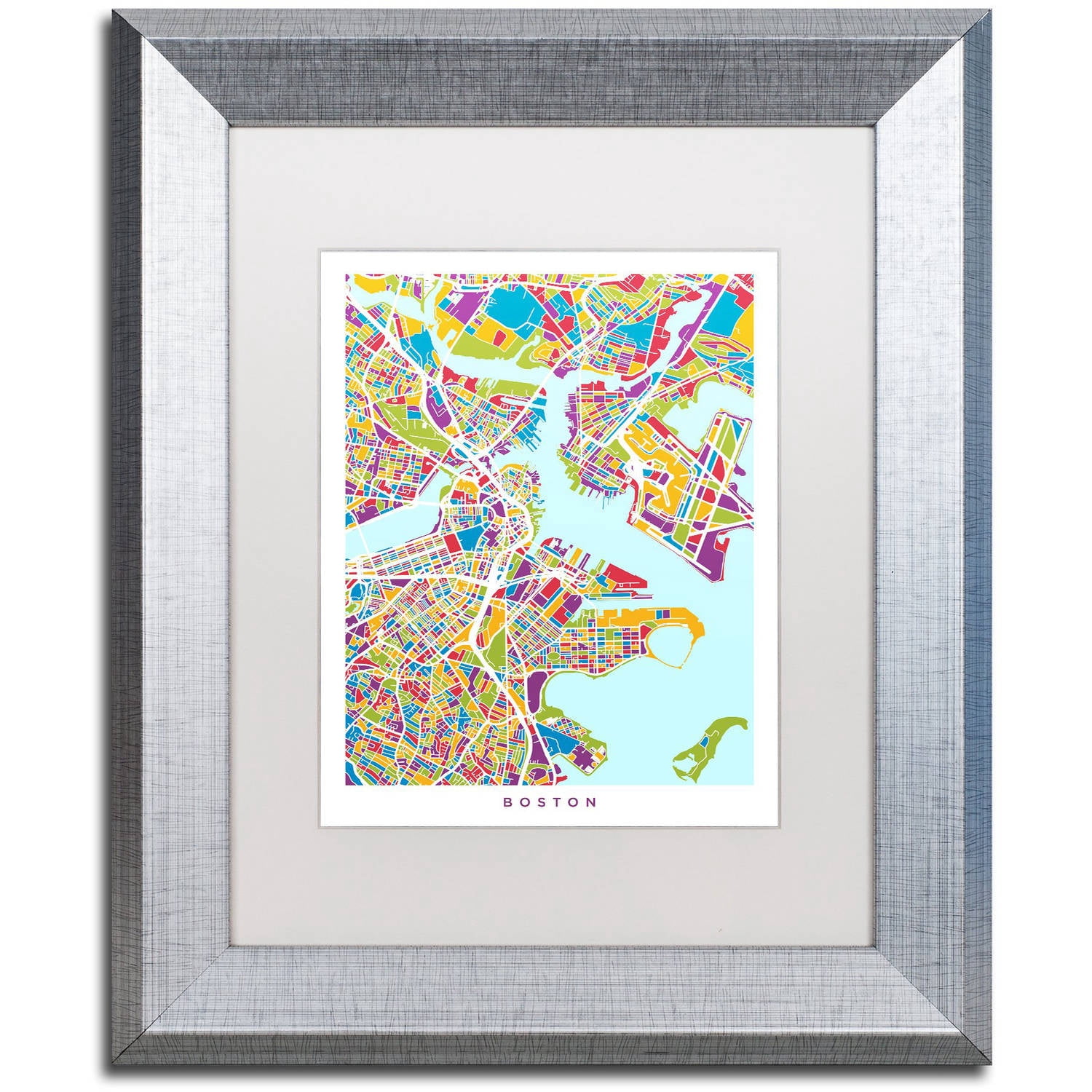 "Boston MA Street Map 2" Canvas Art by Michael Tompsett, White Matte, Silver Frame