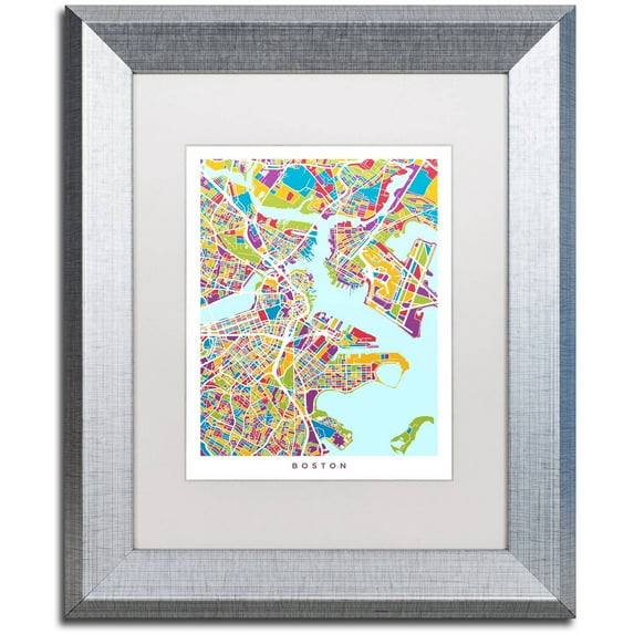 "Boston MA Street Map 2" Canvas Art by Michael Tompsett, White Matte, Silver Frame