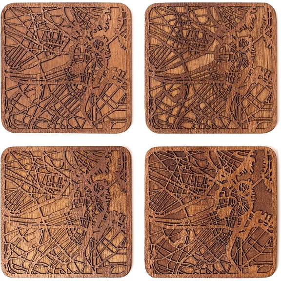 Boston Map Coaster by, Set Of 4, Sapele Wooden Coaster With City Map, Handmade