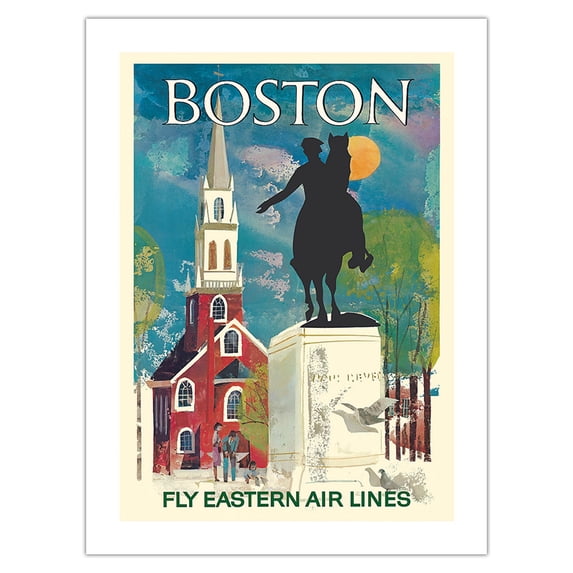 Boston Massachusetts - Fly Eastern Air Lines - Paul Revere Statue and Old North Church - Vintage Airline Travel Poster c.1960s - Bamboo Fine Art 290gsm Paper (Unframed) 12x16in