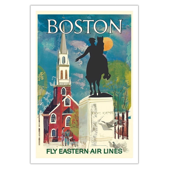 Boston Massachusetts - Fly Eastern Air Lines - Paul Revere Statue and Old North Church - Vintage Airline Travel Poster c.1960s - Fine Art Matte Paper Print (Unframed) 30x44in