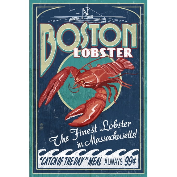 Boston, Massachusetts, Lobster Vintage Sign (16x24 Giclee Gallery Art Print, Vivid Textured Wall Decor)